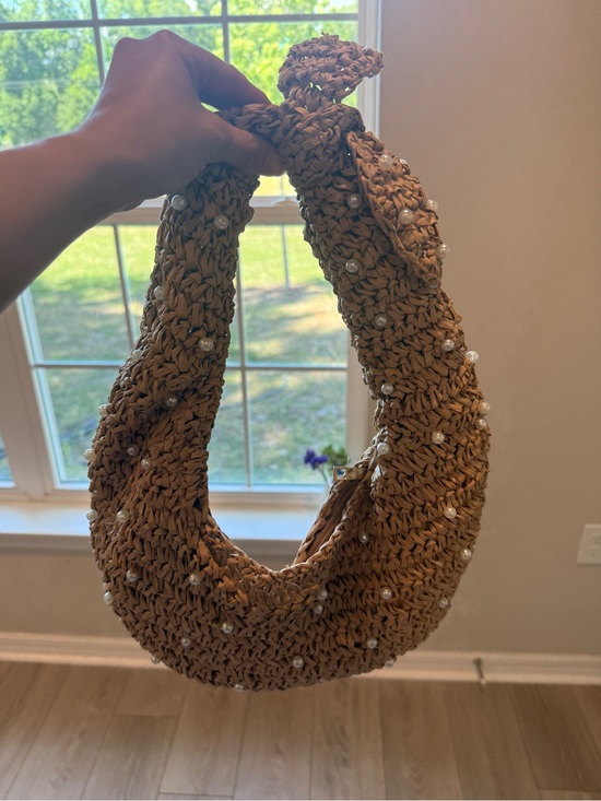 Haute Hippie Handbags - Haute Hippie Women’s Brown/Tan Woven Straw Pearl Hobo Bag Handbag Bow OS